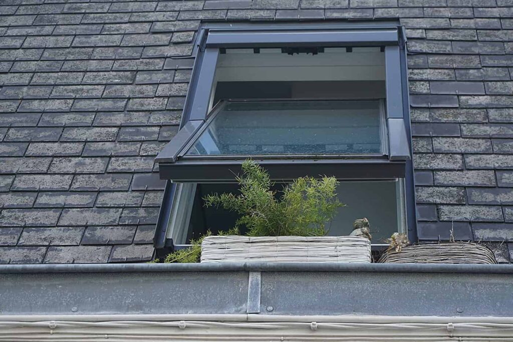Open rooftop window with a plant pot on the windowsill and dark shingle roof.